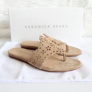 Veronica Beard Sylie Lasercut Eyelet Beige Suede Thong Sandal Flip Flops